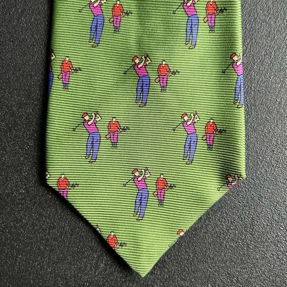 Polo by Ralph Lauren 100% Silk Handmade Tie, Green with Golfers